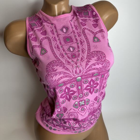 Vintage Morgan De Toi Pink Metallic Graphic Tank Top Y2K Tribal Print France XS - Picture 1 of 10